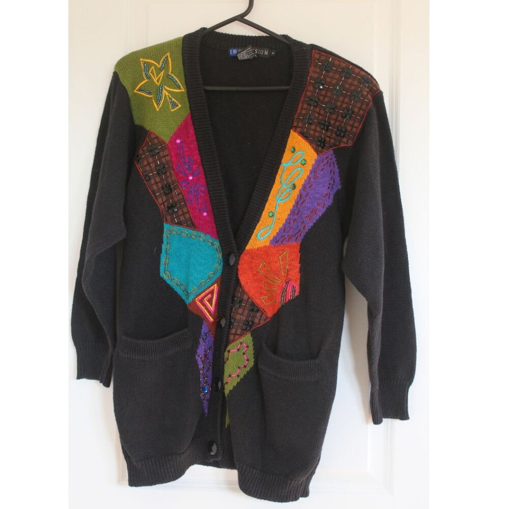 Vintage I.B. Diffusion Colorful Black Cardigan Sweater Oversized Small Grandpa
